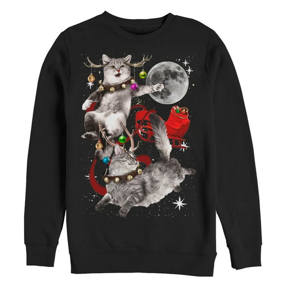 Men's Lost Gods Ugly Christmas Cat Sleigh  Sweatshirt Black Small