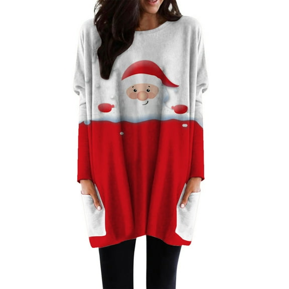 Lanhui Women Casual O- Neck Christmas Printed Pocket Dress Loose And Comfortable Long-sleeved