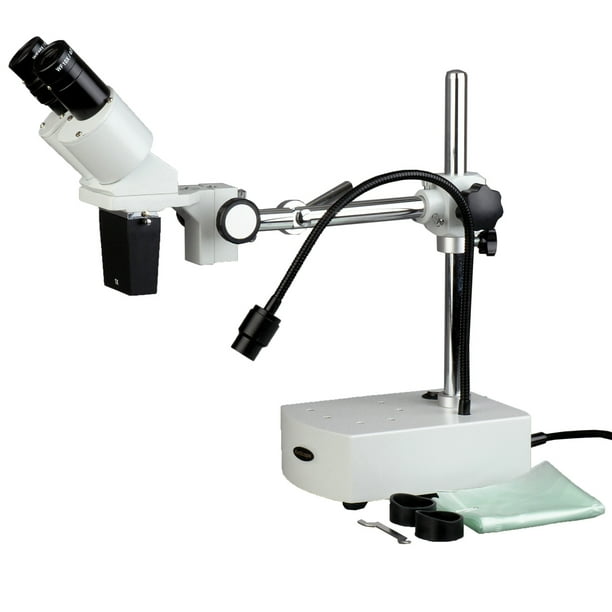 AmScope 10X Binocular Stereo Microscope on Boom Arm Stand + LED Goose