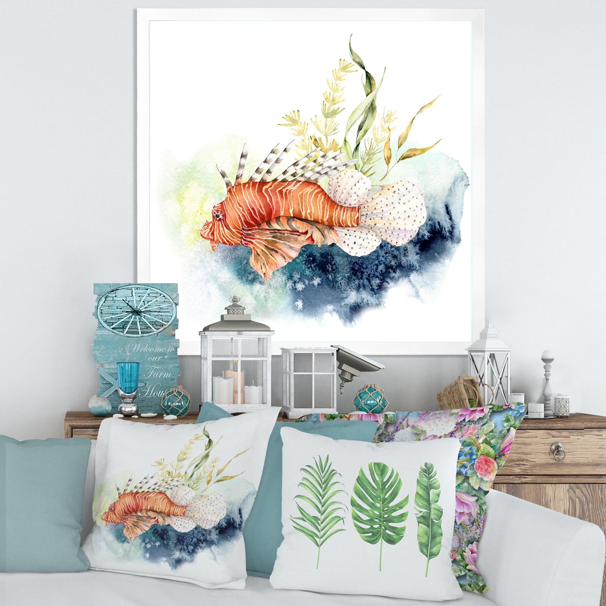 Designart 'Kelp and Lionfish With Coral Reef and Laminaria' Nautical & Coastal Framed Art Print