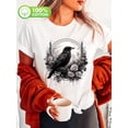 thumbnail image 1 of Crow Roses Print T-Shirt, Casual Short Sleeve Crew Neck Top, Material, Slight Stretch, Floral Pattern, Regular Length, All Season, Knit Fabric, 220g/㎡, 1 of 6