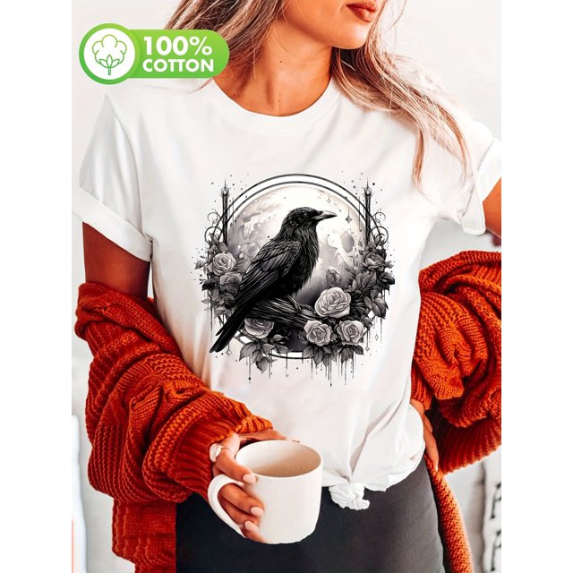 Crow Roses Print T-Shirt, Casual Short Sleeve Crew Neck Top, Material, Slight Stretch, Floral Pattern, Regular Length, All Season, Knit Fabric, 220g/㎡