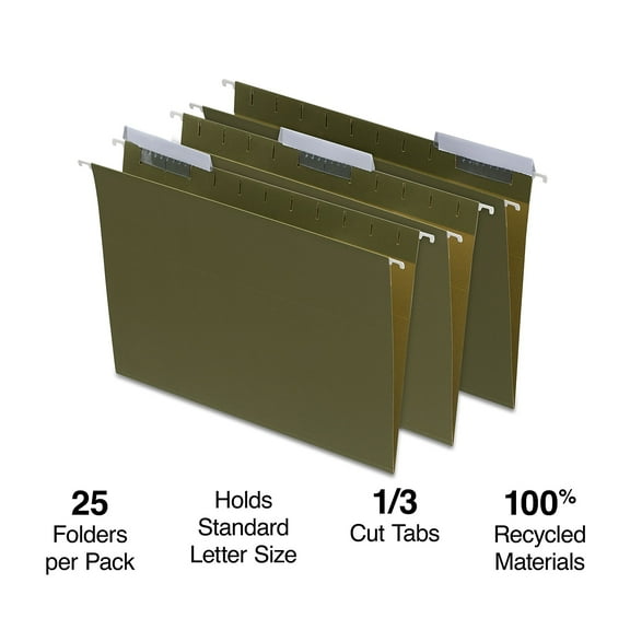 Staples Hanging File Folder 3-Tab Letter Size Standard Green 50/Carton ST116806/1168VS