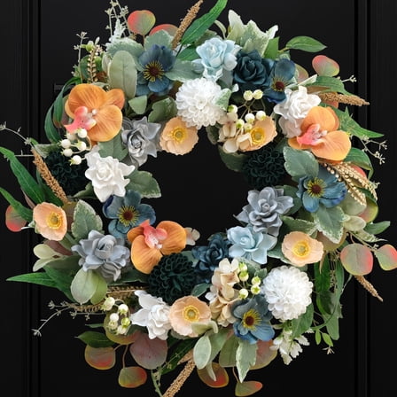 22 Inch Spring/Summer Floral Wreaths for Front Door,Artificial  Wreath with Roses Dahlias Gardenias phalaenopsis for Home Wall Window Wedding Party Festival Decor