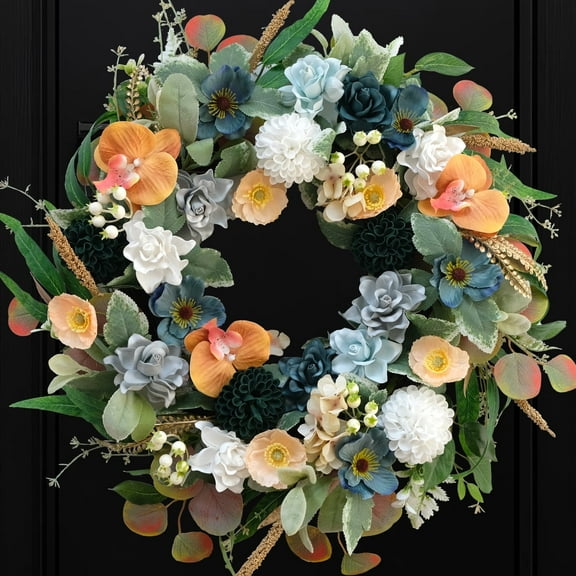 22 Inch Spring/Summer Floral Wreaths for Front Door,Artificial Wreath with Roses Dahlias Gardenias phalaenopsis for Home Wall Window Wedding Party Festival Decor