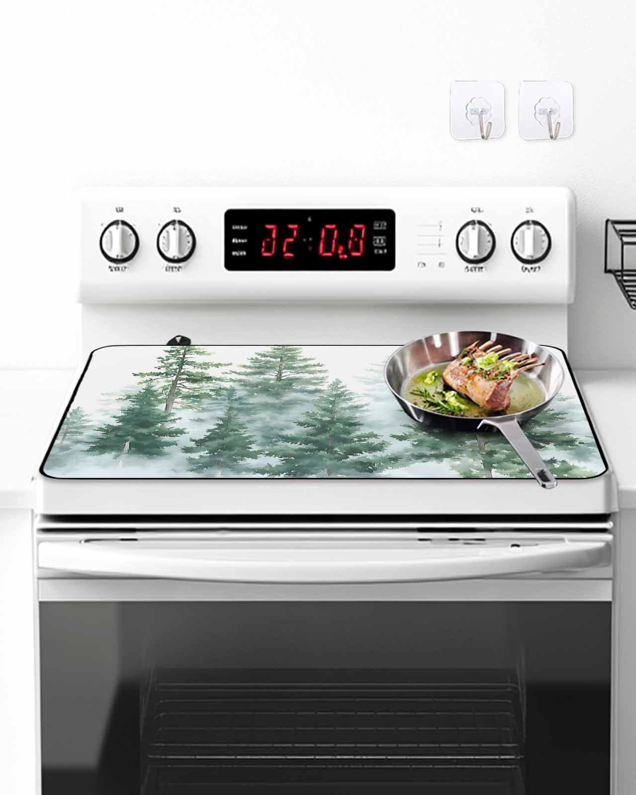 Stove Top Covers for Electric Stove, Forest Green Glass Stovetop Cover Protector, Spring Summer Watercolor Pine Tree Induction Cooktop Protector Oven Mat for Kitchen Countertop 31"x24"