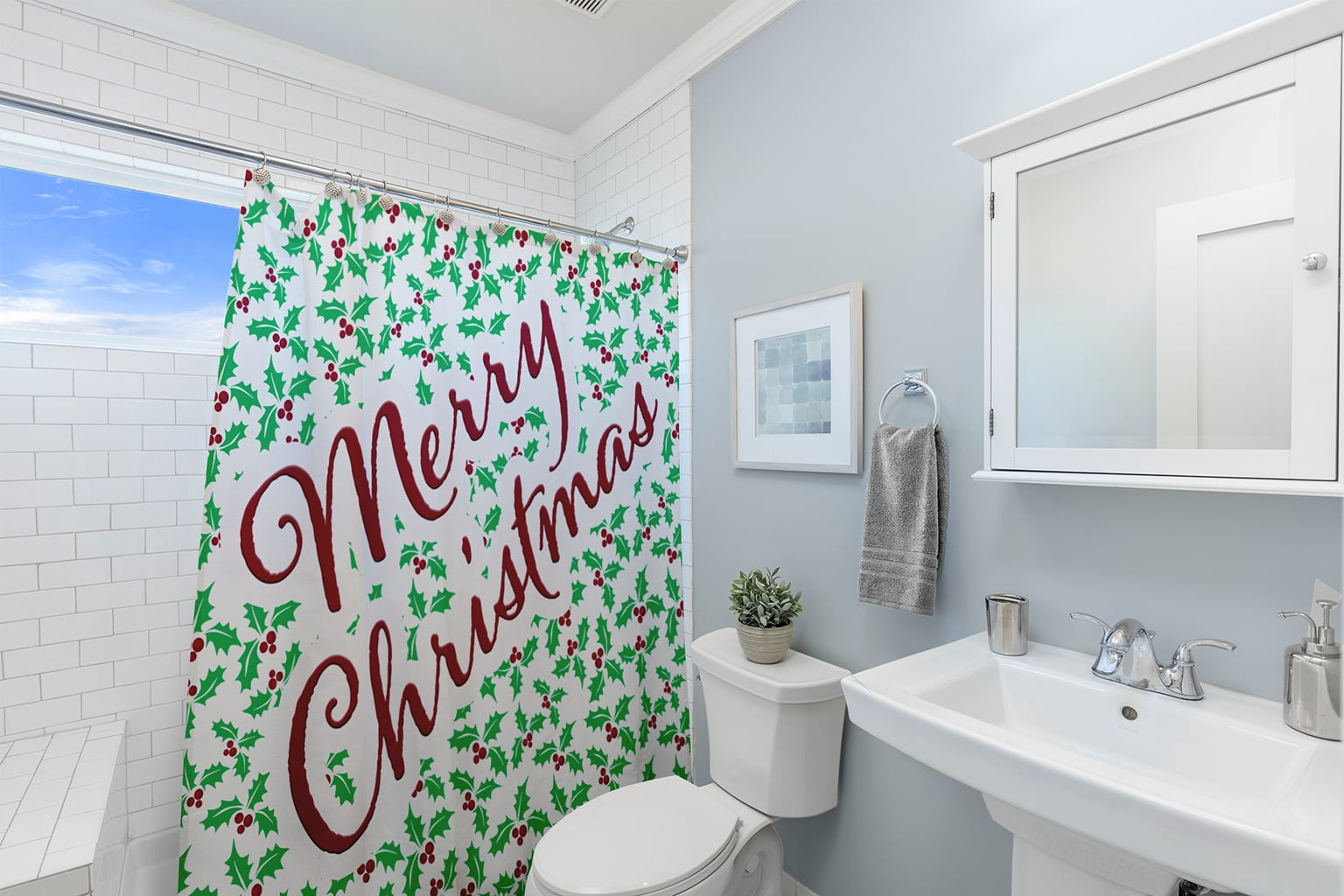 Simply Daisy 70" W x 73" L Merry Christmas with Holly Polyester Shower Curtain, Bright Green [1 Ct]
