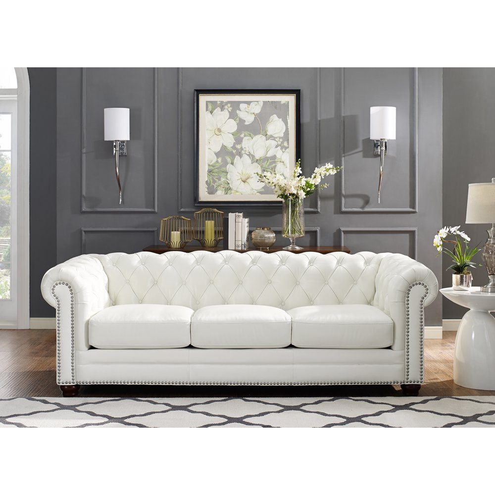 Hydeline Aliso 100 Leather Chesterfield Sofa Couch, 92", White