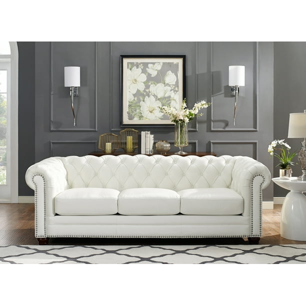 Hydeline Aliso 100 Leather Chesterfield Sofa Couch 92 White Walmart Com Walmart Com