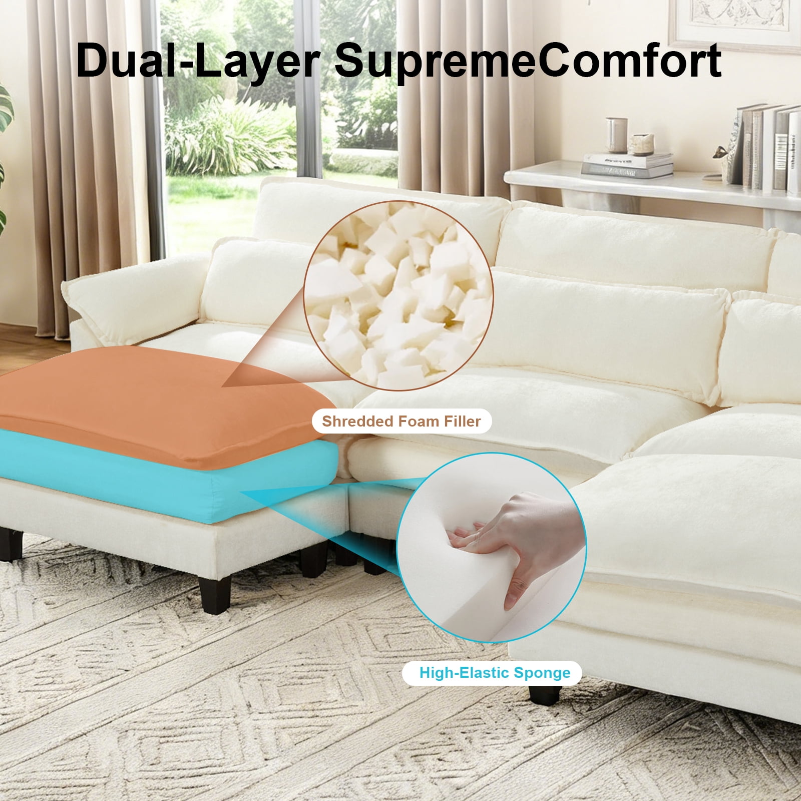 Howcool 113" Modular Sectional Sofa , 3 Seater U-Shaped Cloud Couch with Movable Ottoman, USB Charging Ports & Side Pockets, Sectional couchs for Living Room,Chenille Fabric,Beige