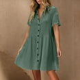 thumbnail image 2 of JSheng Womens Casual Shirt Dress Button Loose Turndown Collar Short Sleeve Solid Color Pleat Shirt Dresses Green S, 2 of 5