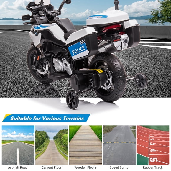 Moto de Police pour Enfants sous Licence de Marque de Voiture de Luxe, Jouet Électrique 12V 7AH - Pneus EVA, Vitesse Haute/basse, Phares DEL, Suspension à Ressorts, Musique, 2 Boîtes de Rangement, Feux d'Avertissement, pour Garçons et Filles