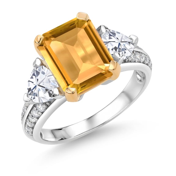 Gem Stone King 925 Sterling Silver and 10k Yellow Gold Yellow Citrine and White Moissanite 3 Stone Engagement Ring for Women (4.03 Cttw, Emerald Cut Cut 10X8MM, Size 9)