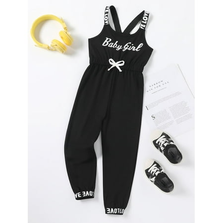 

Sleeveless Toddler Girls Letter Graphic Contrast Tape Bow Front Jumpsuit S221904X Black 90(1-2Y)