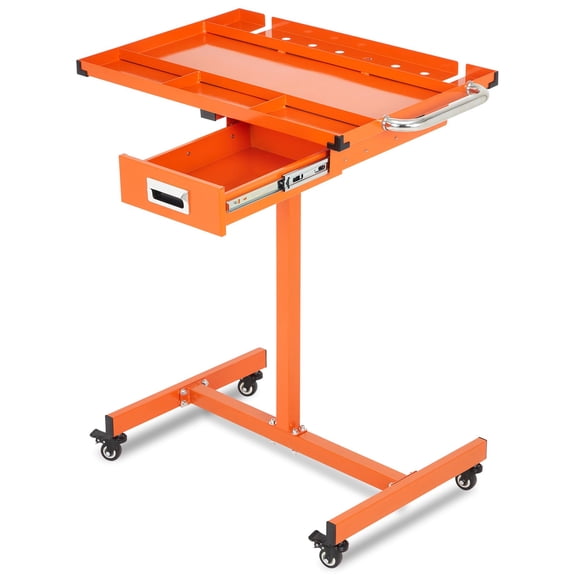 Adjustable Heavy-Duty Rolling Work Table – 220 lbs Capacity Mechanics Tool Cart with Lockable Wheels and Drawer – Portable Workbench for Garage & Workshop, Orange