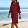 thumbnail image 5 of FEIIBMOYRIA Women Round Neck Dresses Women's Cotton-Linen Blend Long Sleeve Midi Dresses Gathered 3/4 Sleeves High Waist Loose Comfy A‑Line Daily Outwear Dresses, 5 of 6