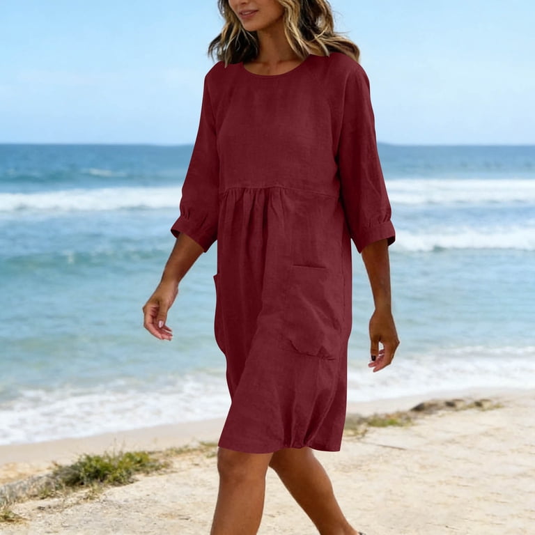 flowy knee length summer dresses Cotton Linen Knee Length Dress for Women Crewneck 3/4 Sleeve Flowy Sundress  Loose Fit Summer Gauze Midi Dress with Pockets