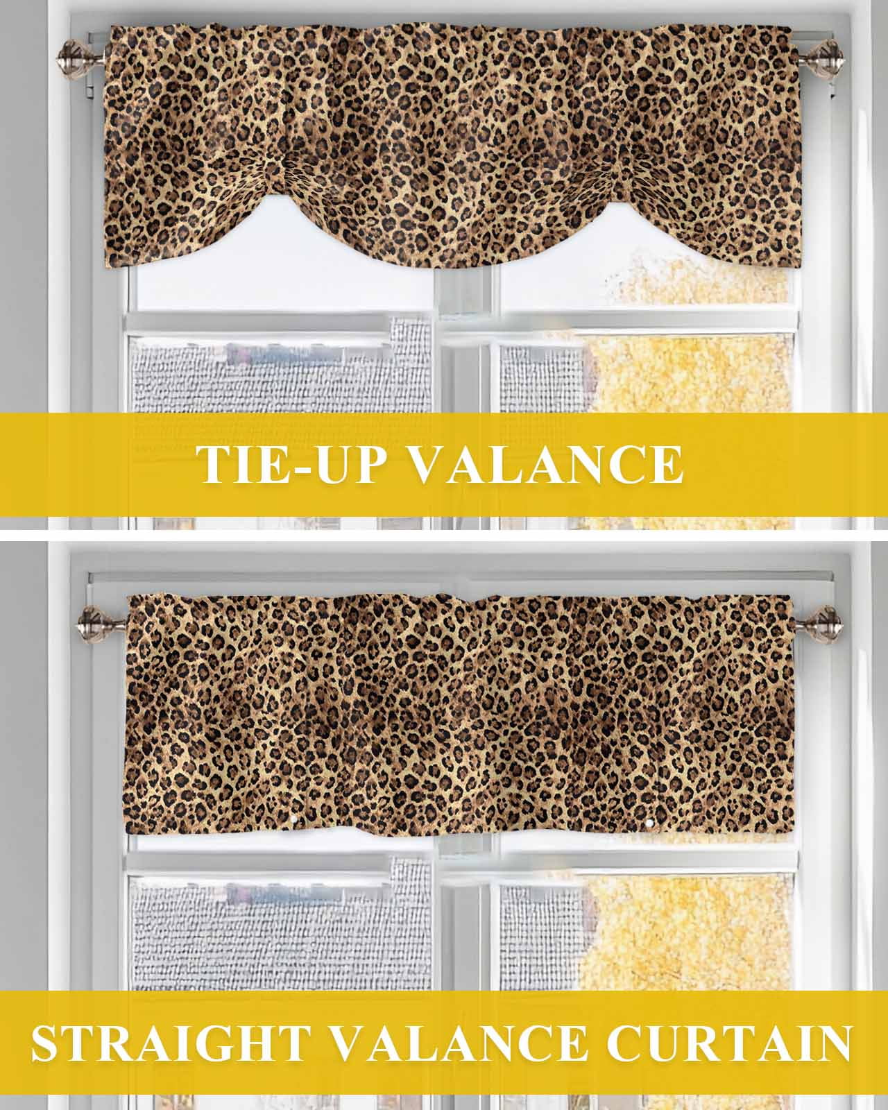 Leopard Print Tie Up Valances Curtain, Adjustable Kitchen Animal Abstract Retro Valances for Windows Decor, Rod Pocket Short Curtains Set for Bedroom/Bathroom, 60"x18"