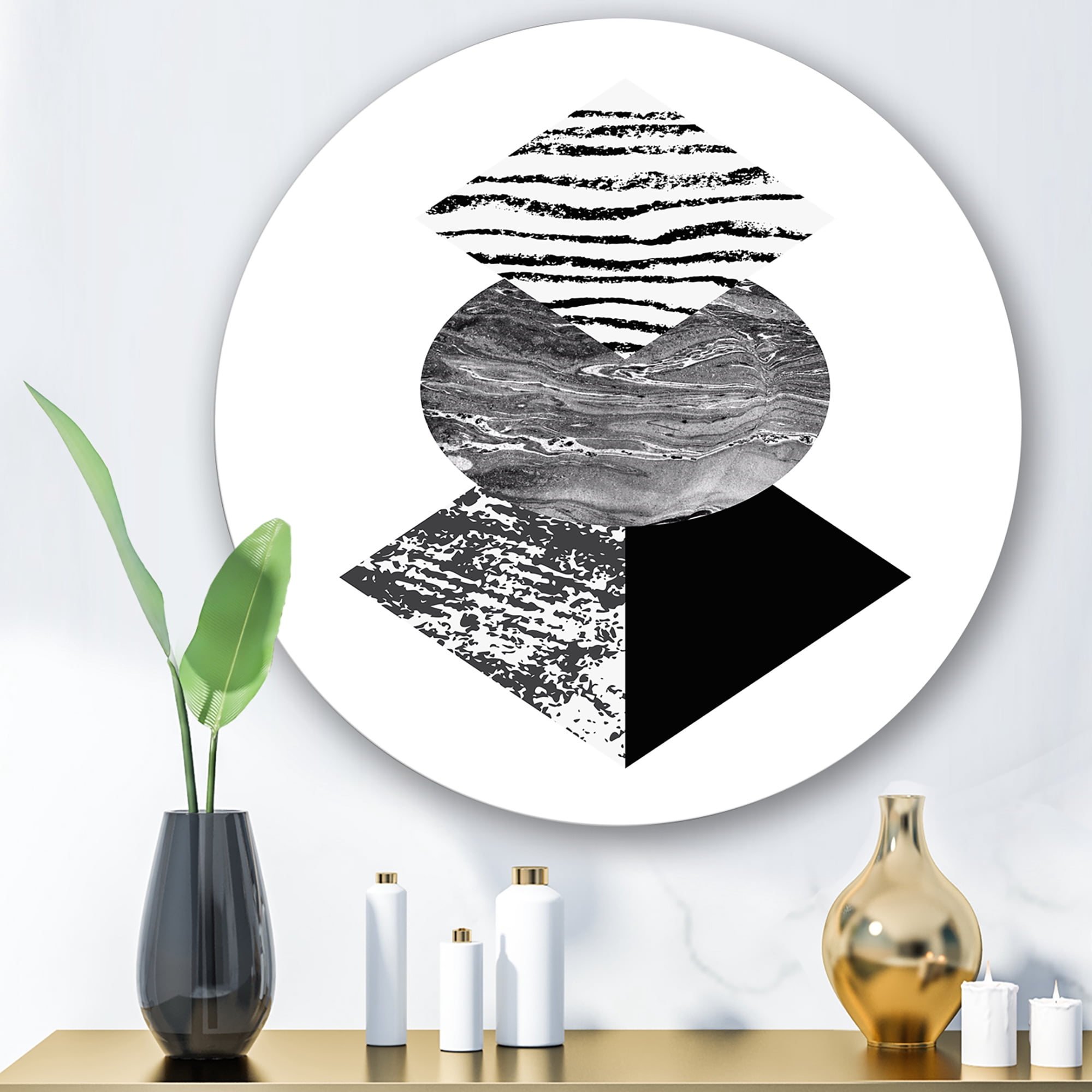 Designart 'Abstract Geometry Shapes With Tropical Palm Leaf I' Modern Circle Metal Wall Art 23x23 - Disc of 23