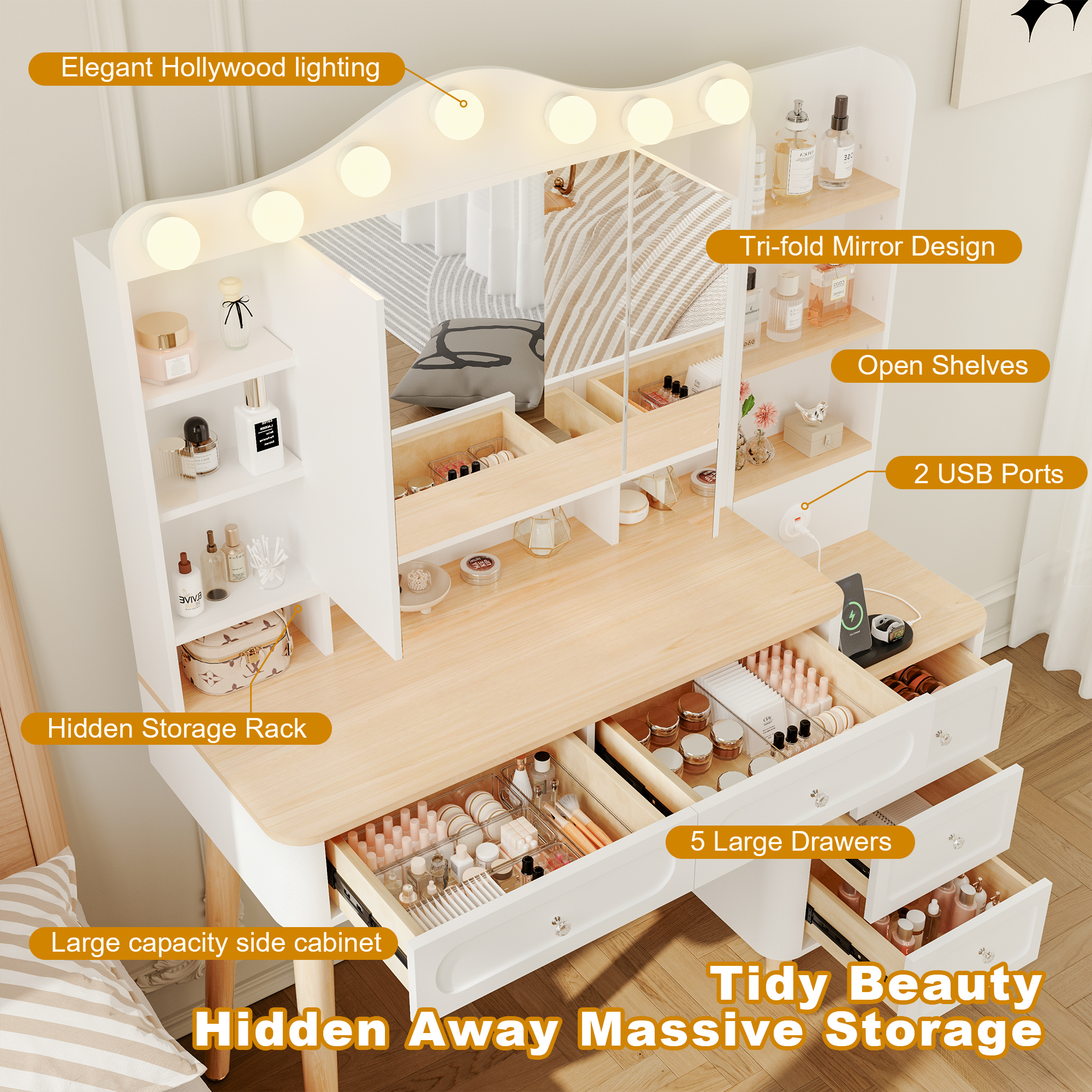 Alvantor Vanity Desk with Foldable Mirror and LED Lights, USB Power Strip for Adults