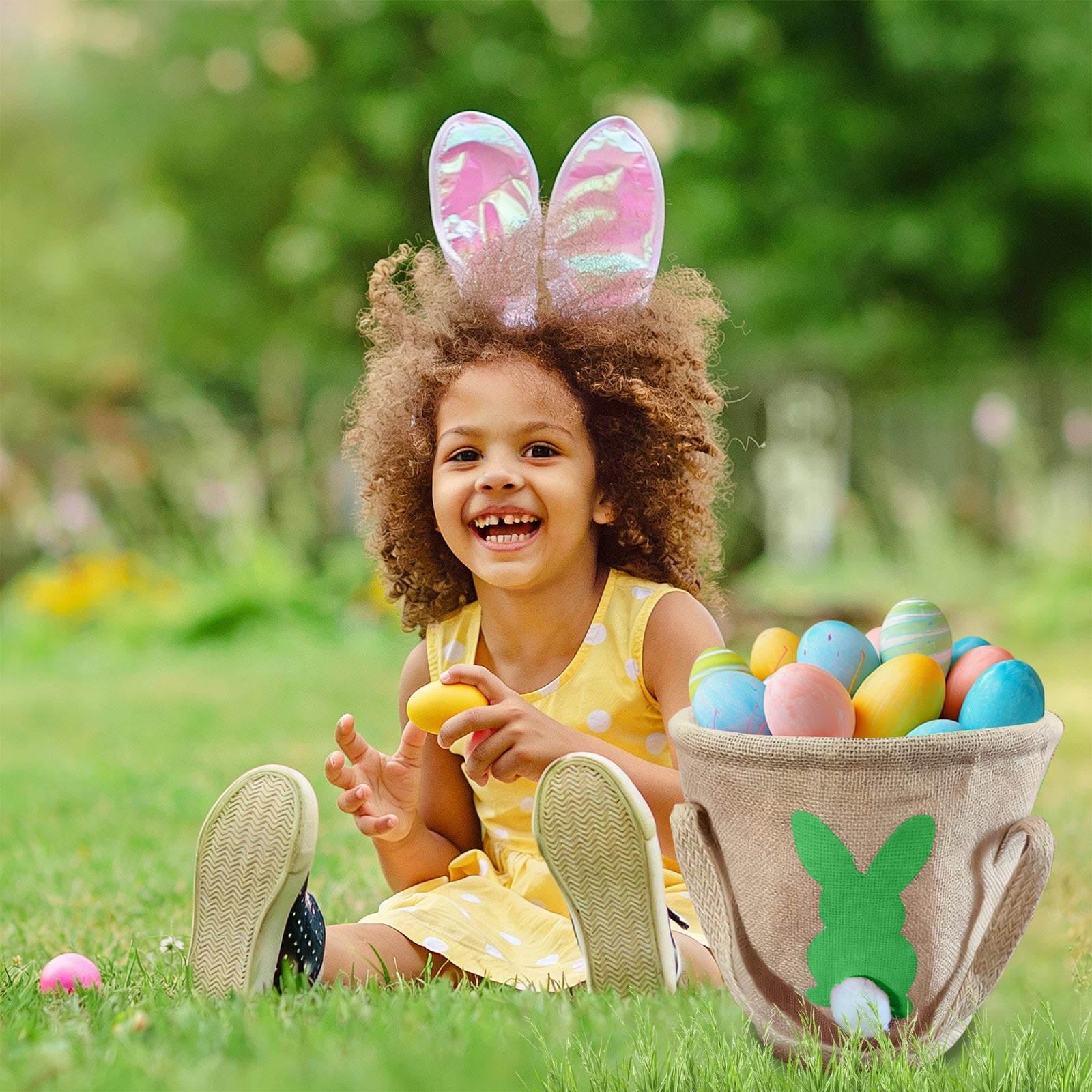 Easter Basket Essentials Easter Rabbits Bag Round Buckets Bag Rabbits Gift Tote Bag Linen Bag