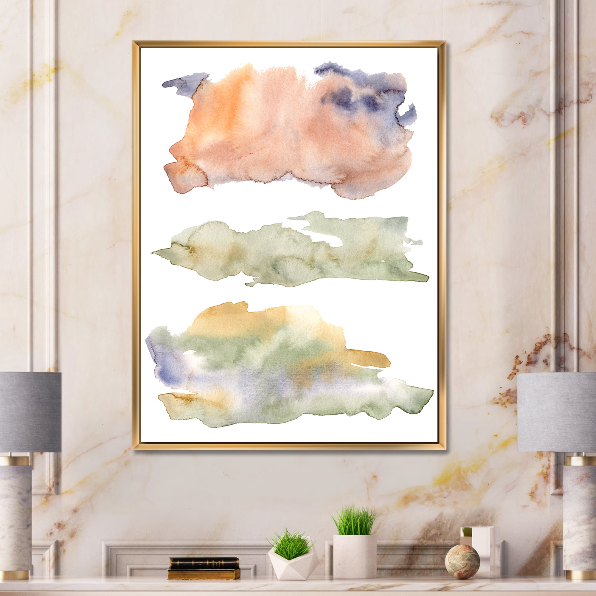 Designart 'Abstract Orange Blue and Beige Green Clouds' Modern Framed Canvas Wall Art Print