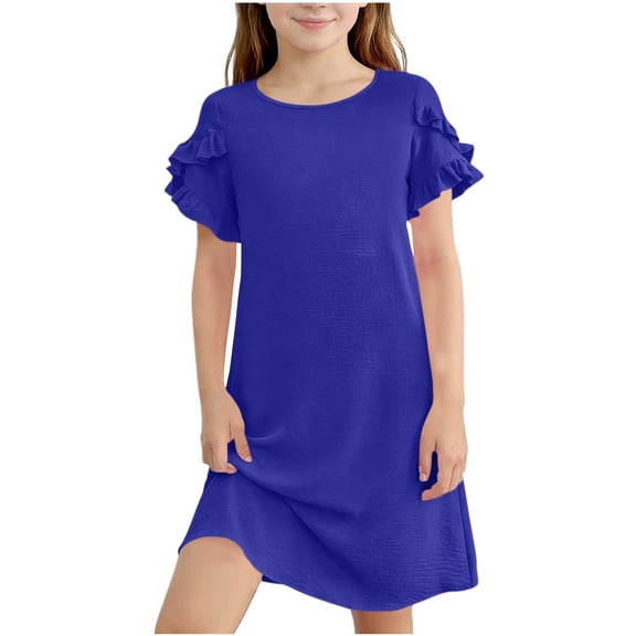OGLCCG Girls Ruffle Sleeve Dresses Kids Summer Crewneck A Line Casual Mini Dress Solid Color Lightweight Beach Sundress with Pockets 5-15 Years