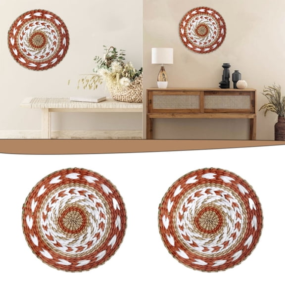 Farmhouse Wreath Wall Basket Decor Boho Wall Hanging Decor Rattan Wall Decor Flat Round Wicker Woven Macrame Tapestry Wall Basket Serving Tray Art Handmade Set For Room Bedroom Living Room,Red Househ