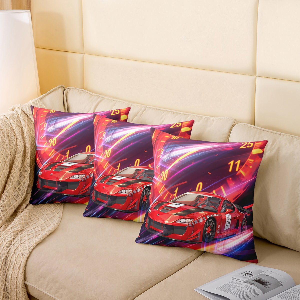 YST Red Race Car Throw Pillow Covers Set of 2 for Kids Boys Youth Neon Light Pillow Covers 20x20 Inch Hippie Sports Car Cushion Covers Dirt Car Track