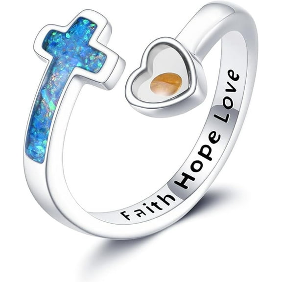 XATENJE Mustard Seed Cross Ring 925 Sterling Silver Opal/Blue Opal Jewelry Faith Adjustable Ring Gifts for Women Lover