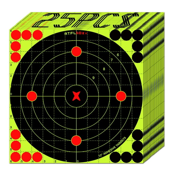 ATFLBOX 12X12 Inch Splatter Adhesive Bullseye Fluorescent Yellow Shooting Target Stickers, Sight in Shooting Range Paper Targets