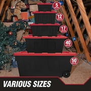 Hyper Tough 12 Gallon Small Storage Bin with Snap Lid, Black and Red, Heavy Duty Plastic Storage Container