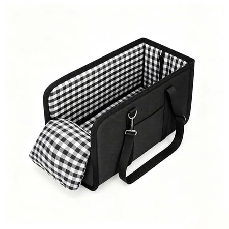 16.5×8.6×8.6 Inch Portable Pet Car Seat Carrier Soft Lined Travel Pet Bed With Detachable Checkered Cushion Sturdy Oxford Small Puppy Kitten Transport Bag For Vehicle Outdoor Trip