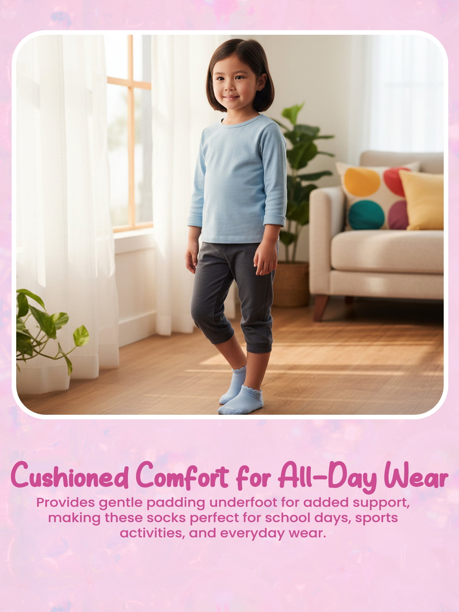 Justice Cushion No Show Socks for Girls with Scallop Edge for All Day Wear, 10 pk Pink Multi Color