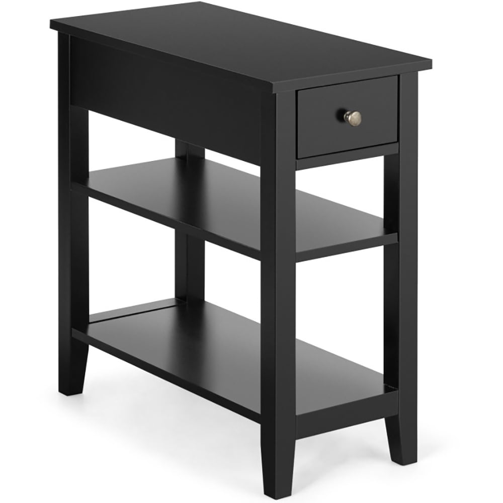 Finihen End Side Table, Rectangular Nightstand, 3-Tier Nightstand Bedside Table Sofa Side with Double Shelves Drawer, for Living Room, Bedroom, Black Finihen End Side Table, Rectangular Nightstand, 3-Tier Nightstand Bedside Table Sofa Side with Double Shelves Drawer, for Living Room, Bedroom, Black