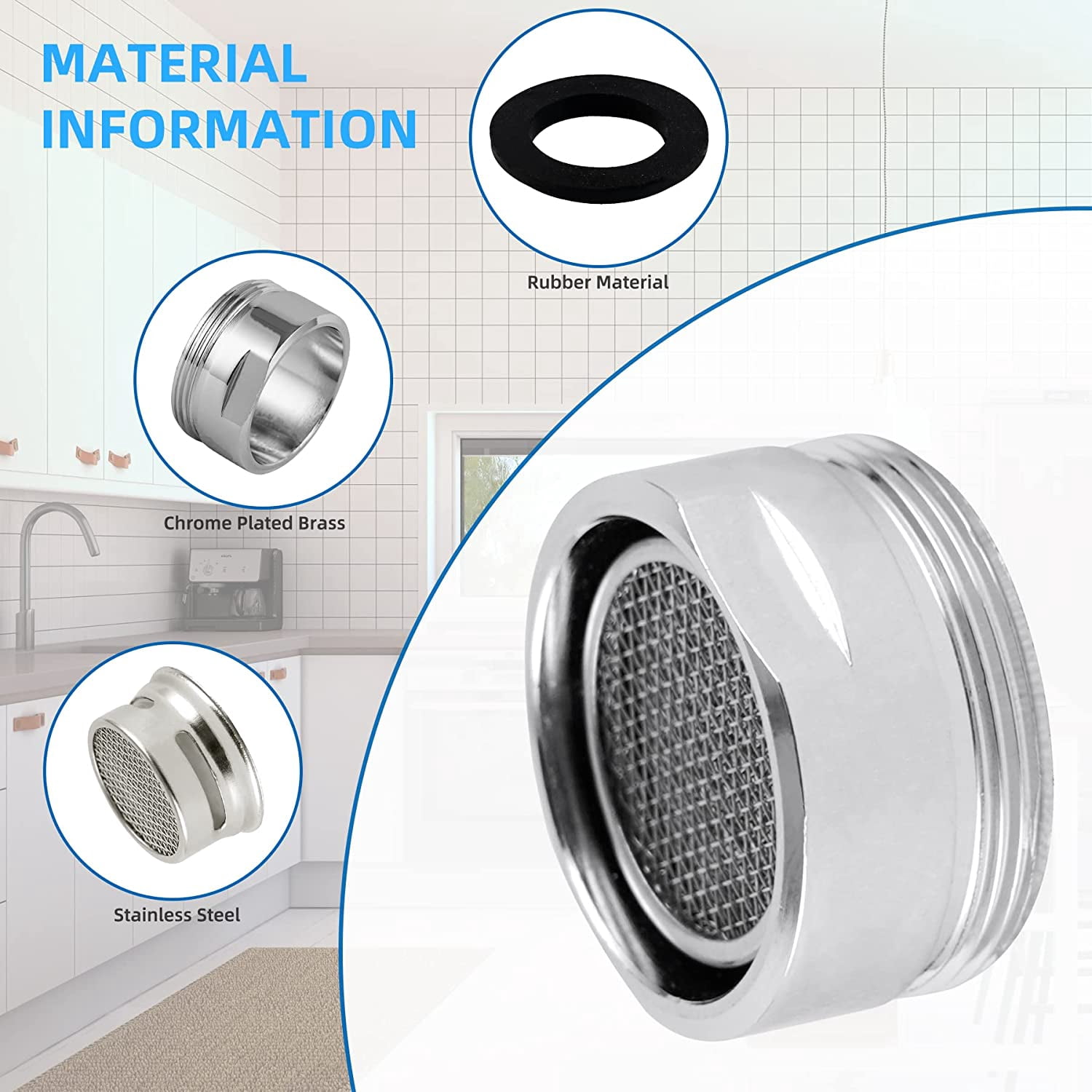 4 Pack Stainless Steel Faucet Aerator, Kitchen Sink Faucet Aerator Adapter with Brass Shell, 15/16 Inch/24 mm Male Thread Water-conserving Filter with Gasket for Bathroom, Chrome