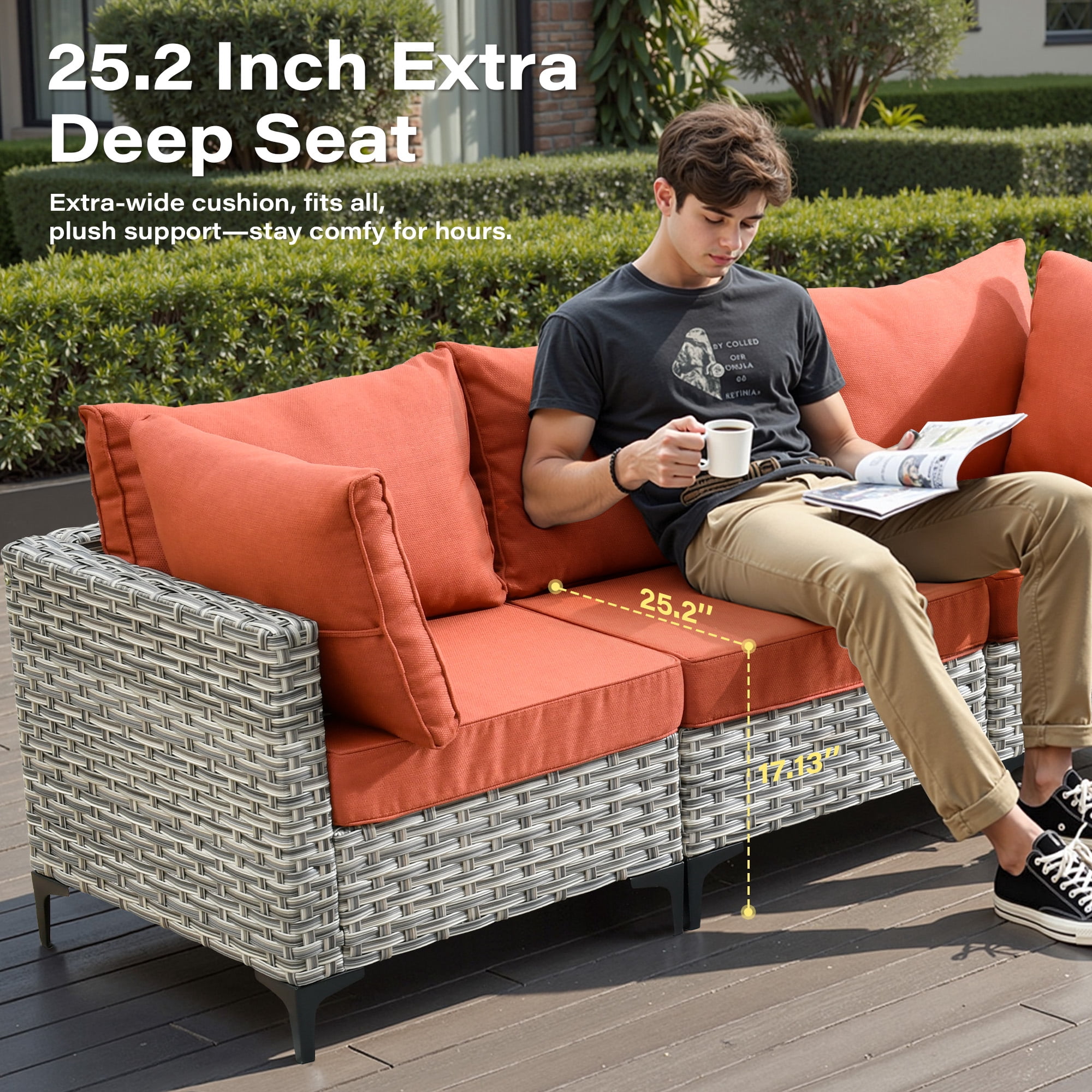 Toject 11 Pieces Patio Furniture Set All Weather Wicker Outdoor Conversation Set with 54" Fire Pit Outside Furniture Patio Sofa with Swivel Chairs & Solar Table, Coarse Orange Red