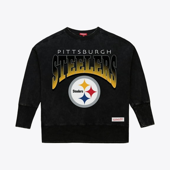 Women's Mitchell & Ness Black Pittsburgh Steelers Delineate Mineral Wash Crewneck Sweatshirt