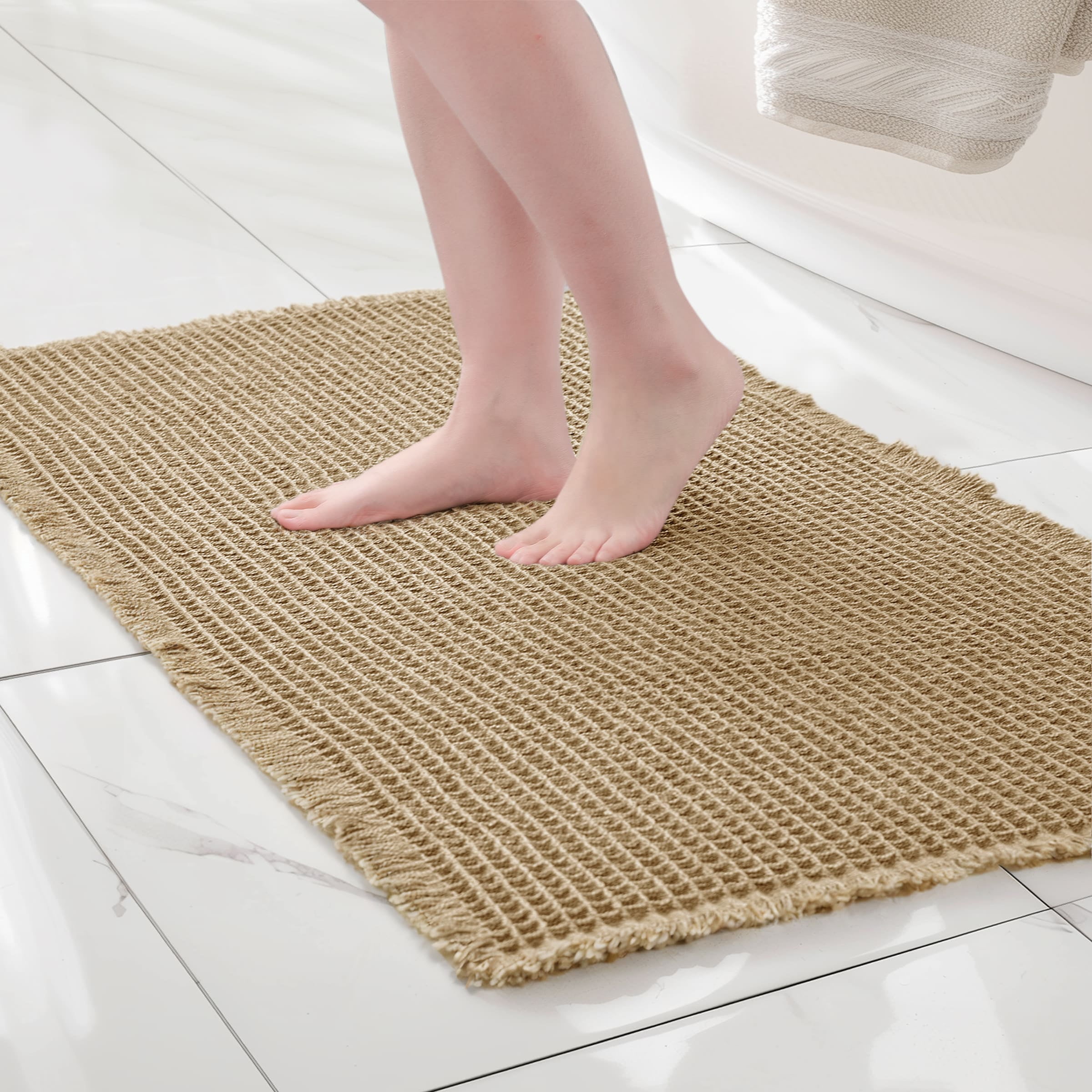 Subrtex Waffle Weave Bathroom Rug, Non Slips Bath Mat, Absorbent Bathmat Bath Rug for Bathroom (24"x60", Khaki)