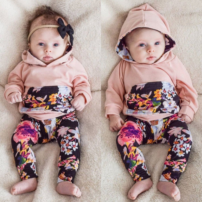 Kids Baby Girls  Outfits Clothes T-shirt Tops+Long Pants Set With Hooded Flower 