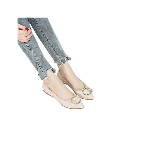 

Wazshop Women Flats Comfort Loafers Slip On Flat Shoes Metal Buckle Non-slip Loafer Ladies Shoe Fashion Breathable Apricot 5