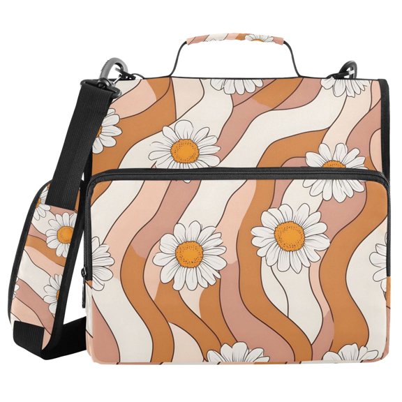 3 Ring Zipper Binder with Shoulder Strap Waterproof Trapper Keeper 2 Inch D-Ring 500 Sheets Capacity Orange and White Striped Daisy