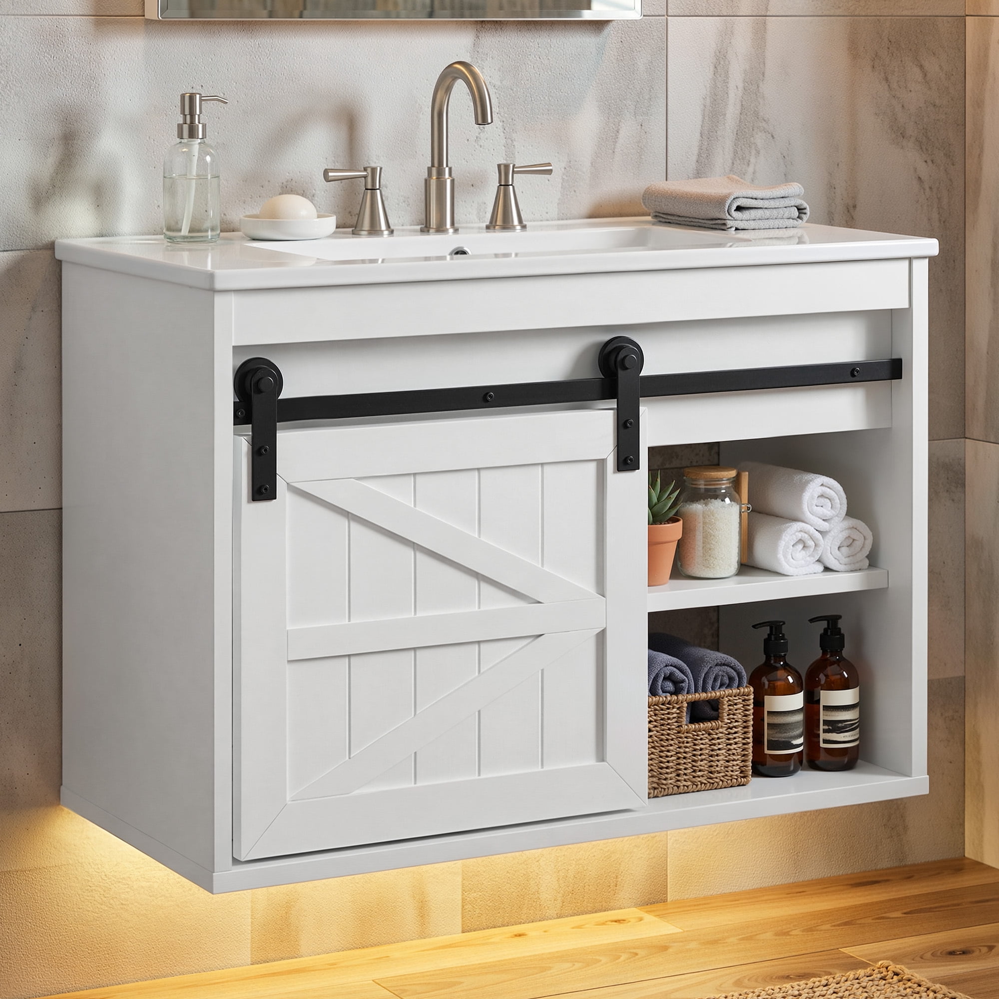 Uforic 24 Inch Farmhouse Floating Bathroom Vanity with Ceramic Sink, 7-Color LED Ambient Light & Sliding Barn Door for Small Compact Bathroom Spaces, White