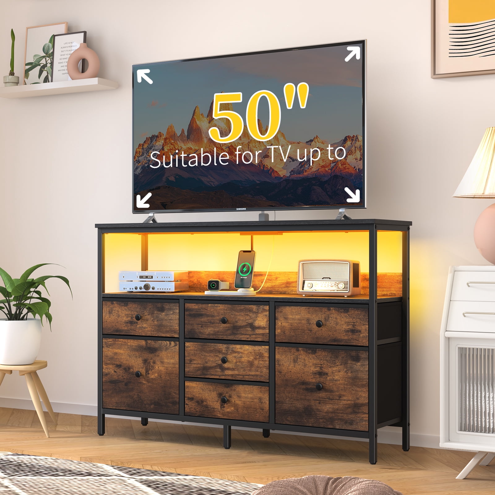 7 Drawer Fabric Dresser Storage Chest with Wood Top, Wide Dresser TV Stand for Bedroom,Living Room, Hallway, Entryway, Brown