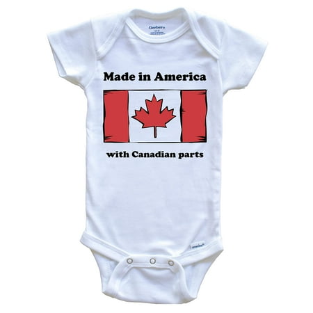 

Made in America with Canadian Parts Funny Canada Flag One Piece Baby Bodysuit 6-9 Months White