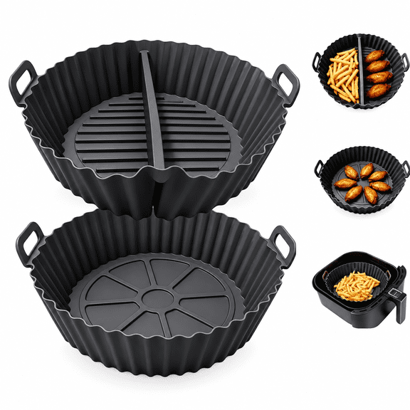 Round Silicone Air Fryer Liners 2PCS with Divider Reusable for 3-6QT Basket | Reusable Air Fryer Basket for Cooking Two Foods at Once, Non Stick