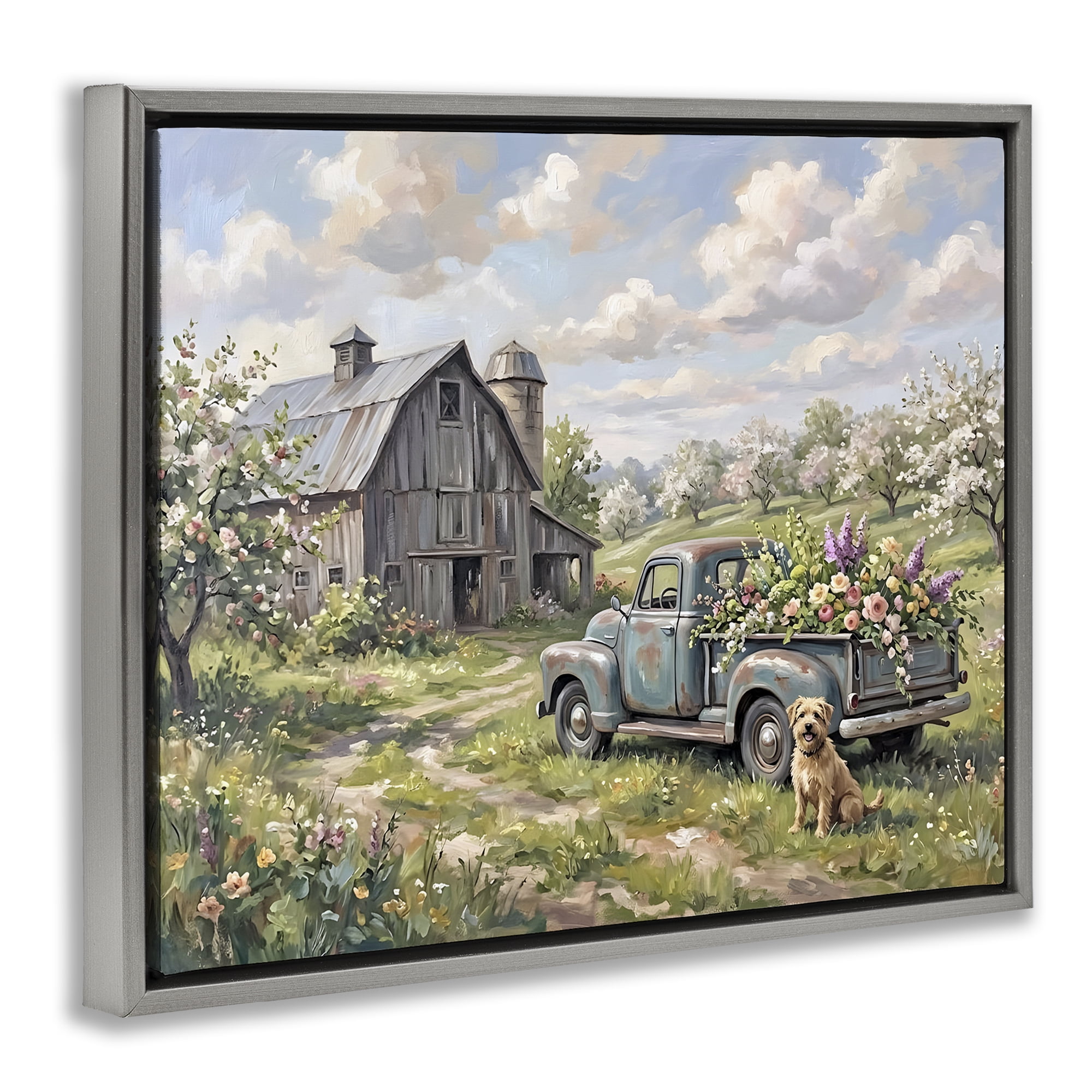 Stupell Industries Proud Dog by Truckload of Flowers Gray Framed Floater Canvas Wall Art, design by Tabz Jones