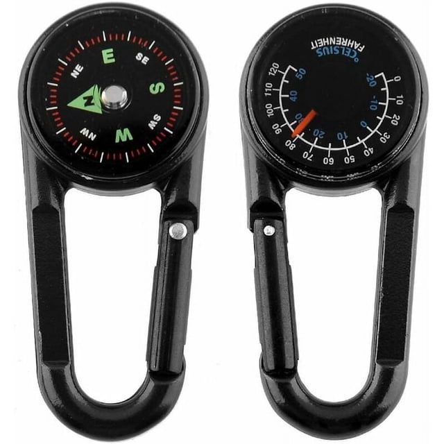 Brújula con mosquetón + brújula + termómetro, brújula de metal portátil multifuncional para senderismo, viajes y acampada con lente de aumento, profesional 3 en 1 (negro)