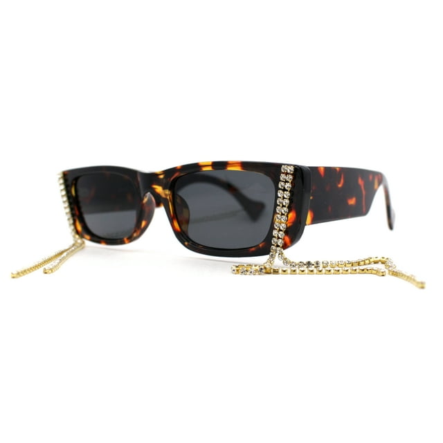 Rhinestone Tassel Jewel Chain Mod Rectangle Sunglasses Tortoise Black