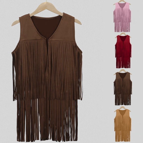 Lkhaha Kids Long Fringe Suede Vest Vintage Open Front Sleeveless Duster Boho Cowgirl Sleeveless Outwear Brown 3-4 Years